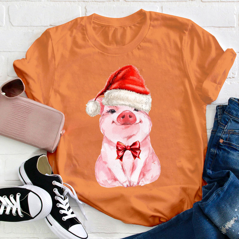 Cute Pig Wearing Christmas Hat Teacher T-Shirt