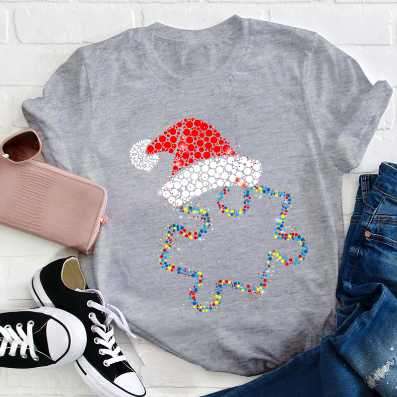 Colorful Puzzle Christmas Hat Teacher T-Shirt