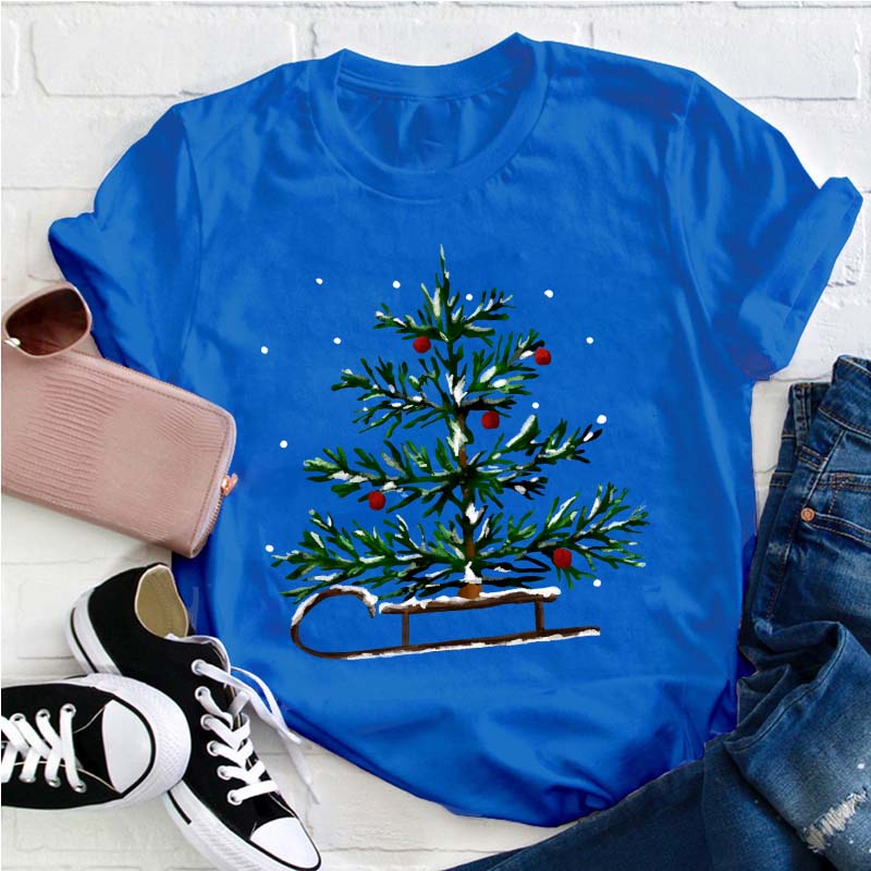 Christmas Tree Sleigh Teacher T-Shirt
