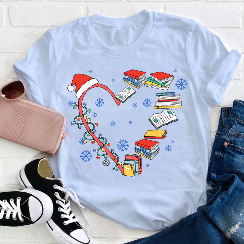 Book Heart Christmas Lights Teacher T-Shirt