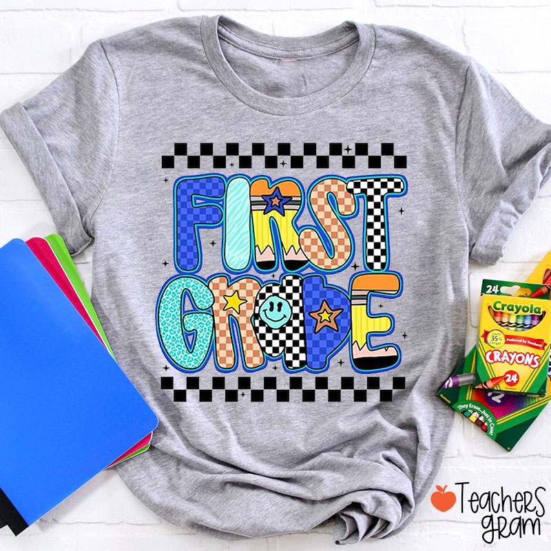 Personalized Grade Checkerboard Pencil Smiley Face Teacher T-Shirt