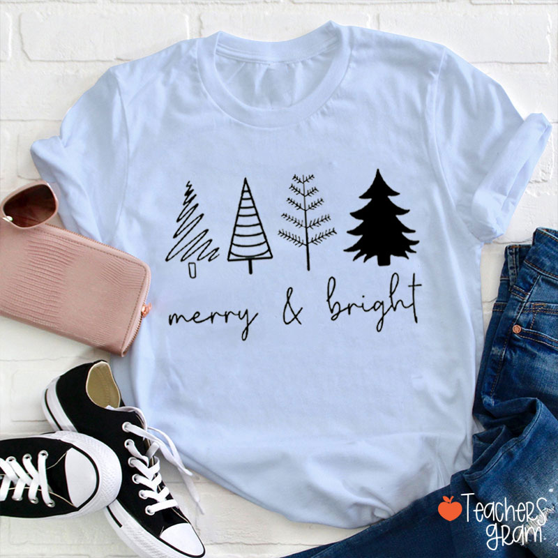 Merry And Bright Christmas Tree Teacher T-Shirt
