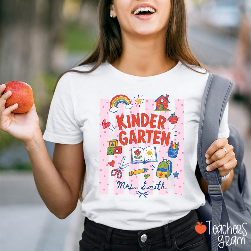 Personalized Grade Polka Dot Stripes Doodle Teacher T-Shirt