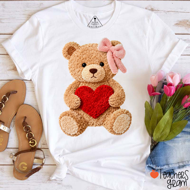 Faux Yarn Teddy Bear Valentine's Day Teacher T-Shirt