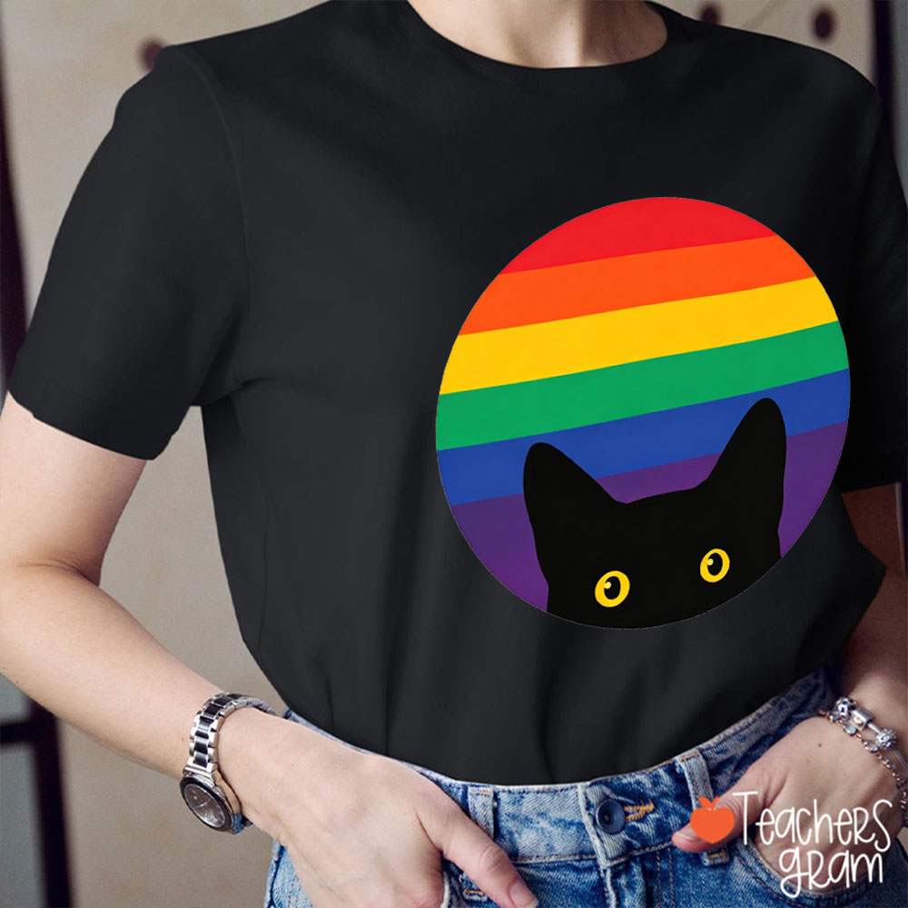 Peeking Cat In Rainbow Teacher T-Shirt