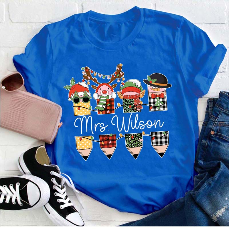 Personalized Name Cute Christmas Pencils Teacher T-Shirt