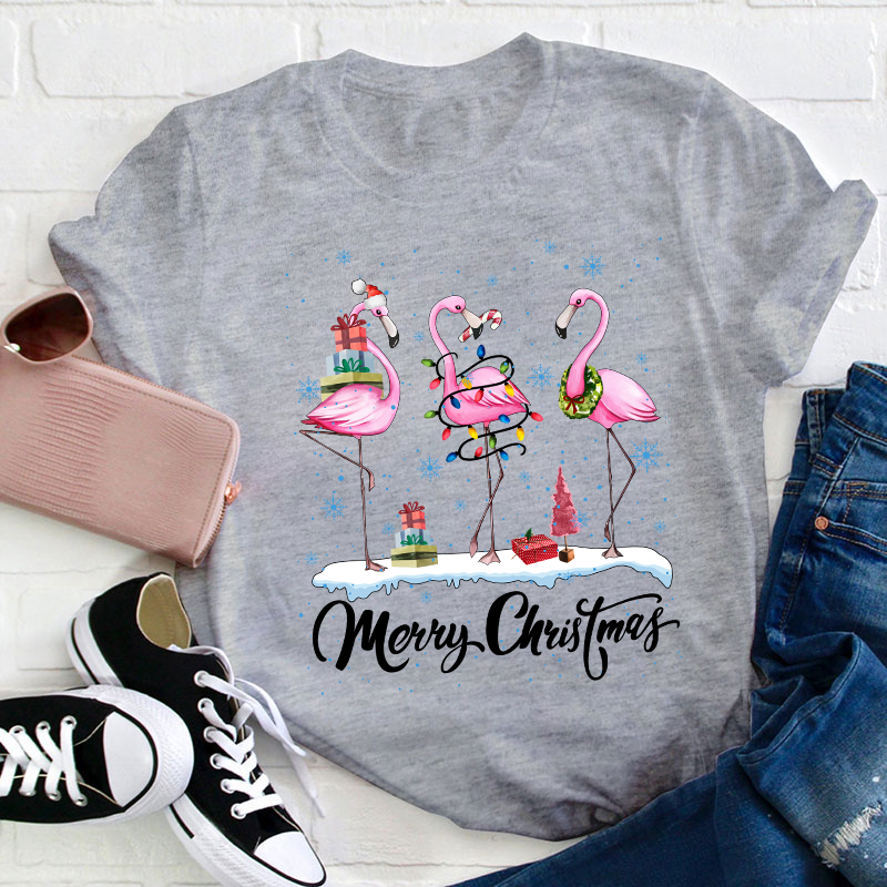 Pink Flamingo Merry Christmas Teacher T-Shirt