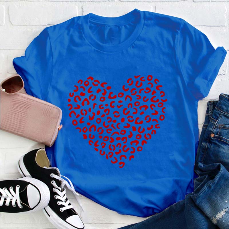 Red Leopard Heart Teacher T-Shirt