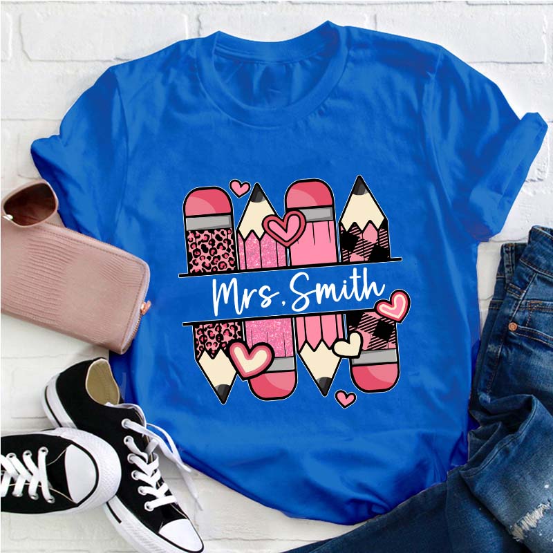 Personalized Name Pink Pencil Teacher T-Shirt