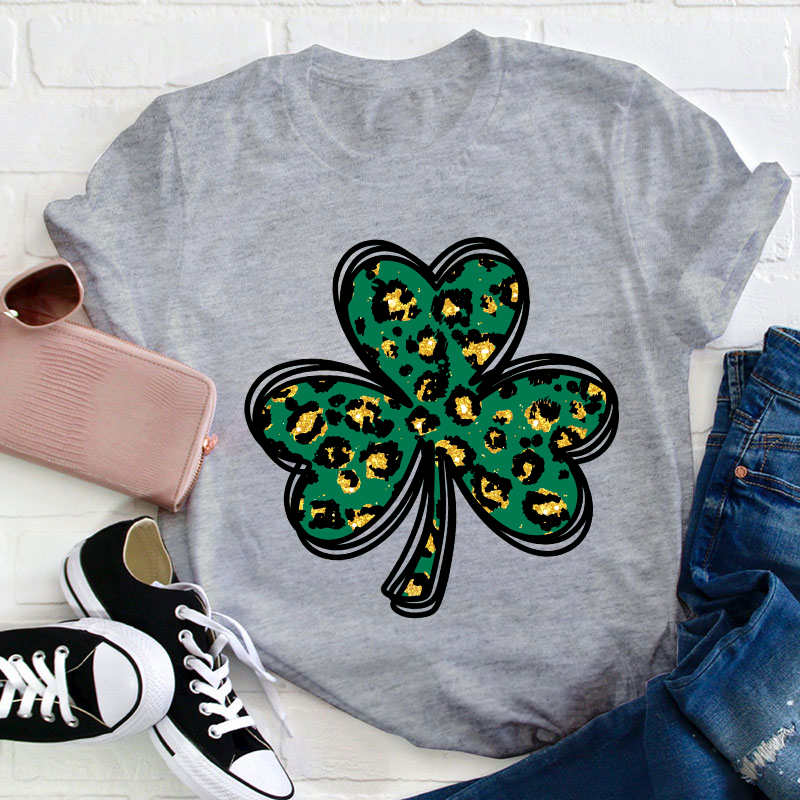 Leopard Glitter Shamrock Teacher T-Shirt