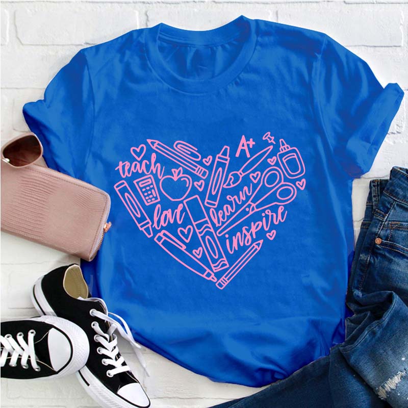 Teach Learn Inspire Heart Teacher T-Shirt