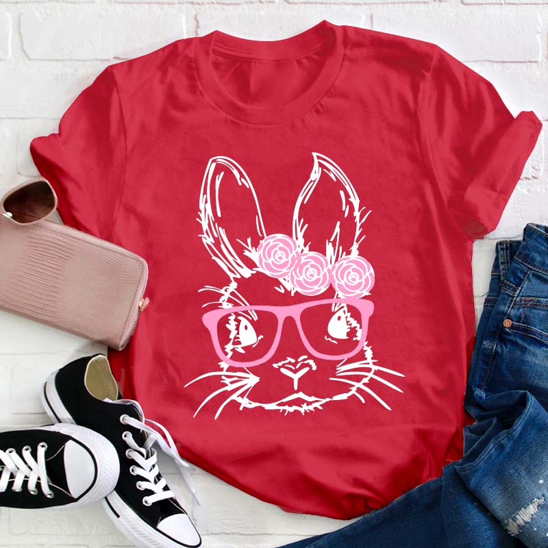 Bunny With Pink Glasses Teacher T-Shirt
