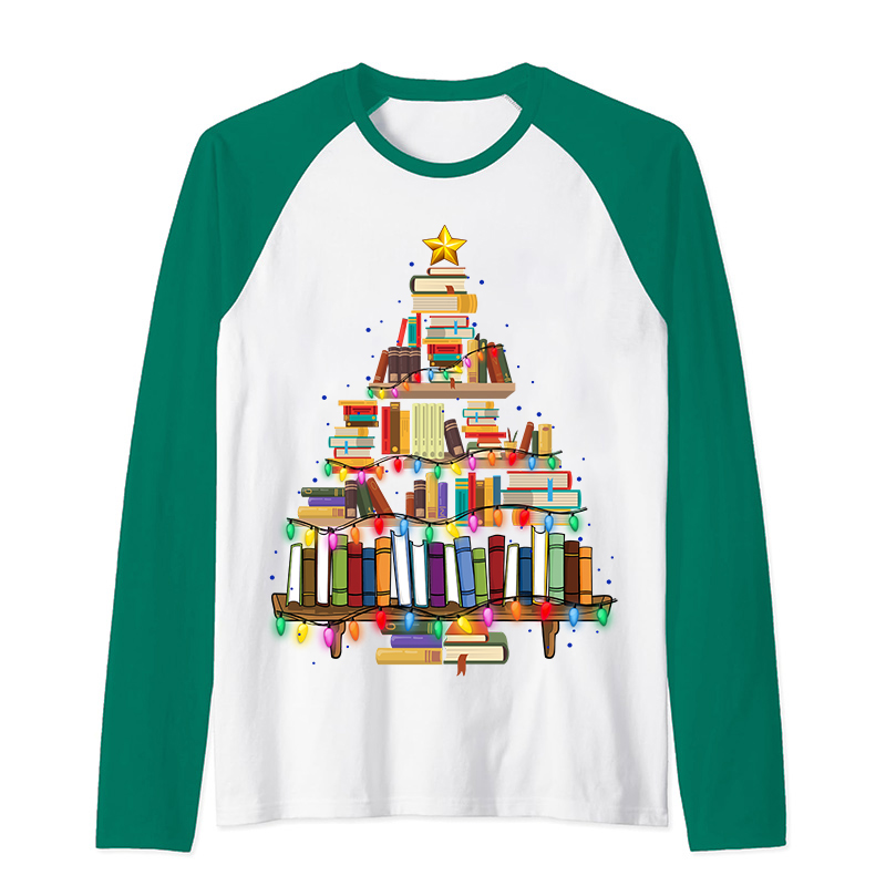 Book Christmas Tree Teacher Raglan Long Sleeve T-Shirt