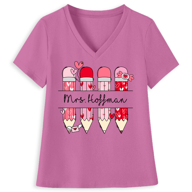 Personalized Pink Pencil Name Teacher Female V-Neck T-Shirt