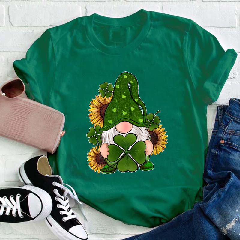 St. Patricks Day Gnome With Sunflowers Teacher T-Shirt