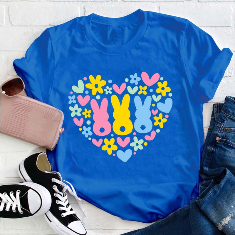 Floral Bunnies Heart Teacher T-Shirt