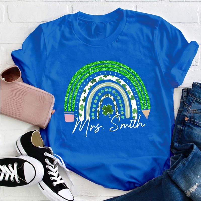 Personalized Green Rainbow Pencil Name Teacher T-Shirt