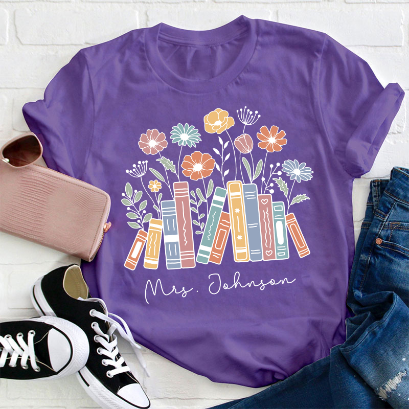 Personalized Flower Books Teacher T-Shirt