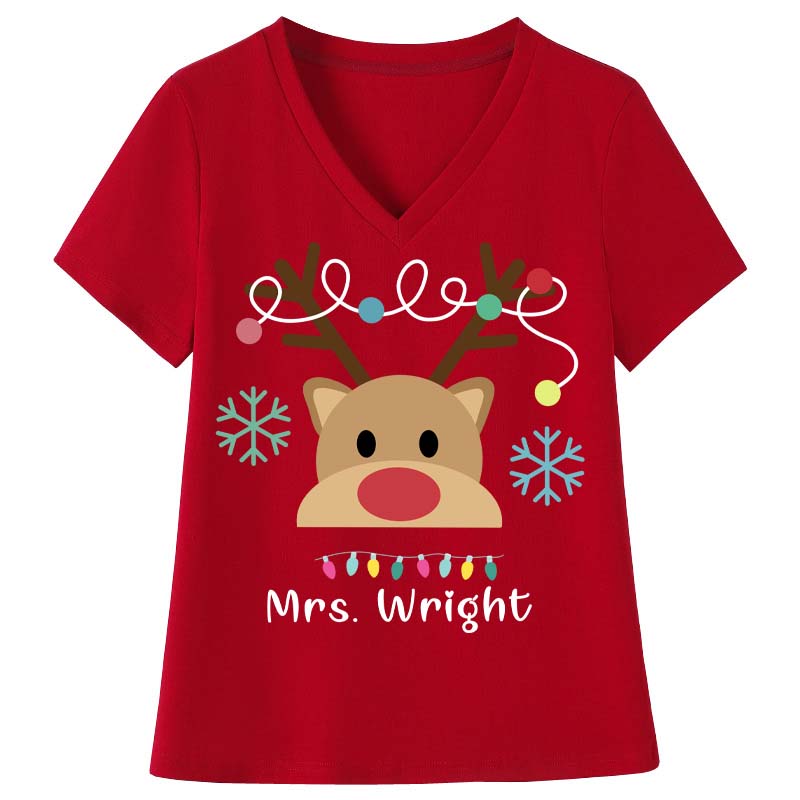 Personalized Merry Christmas Teacher Female V-Neck T-Shirt