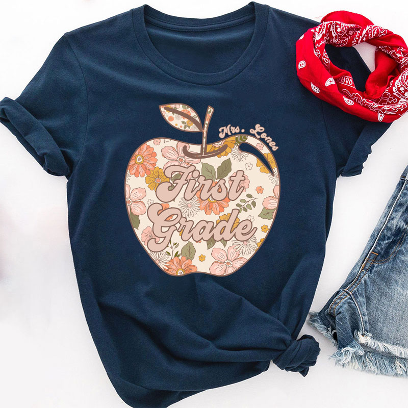 Personalized Vintage Floral Print Apple Teacher T-Shirt
