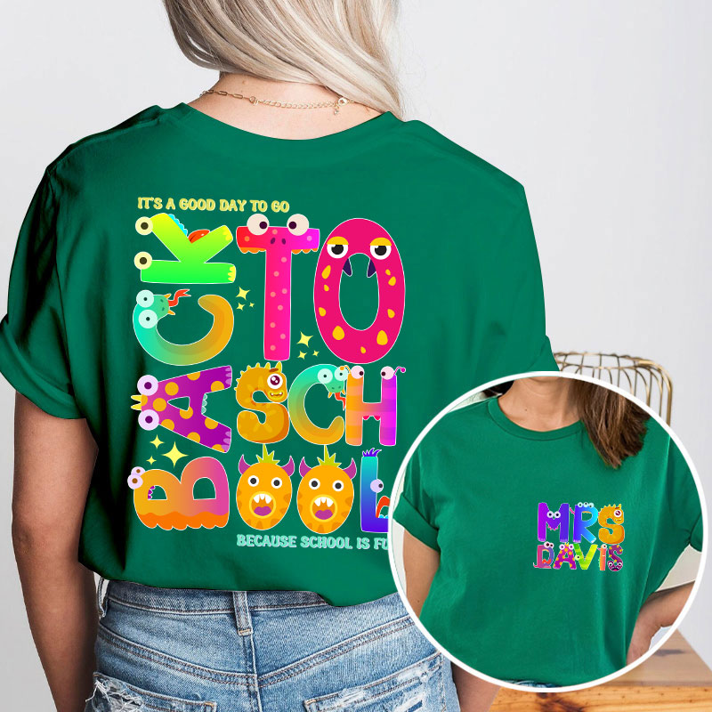 Personalized Name Cute Animal Alphabet Teacher Two Sided T-Shirt