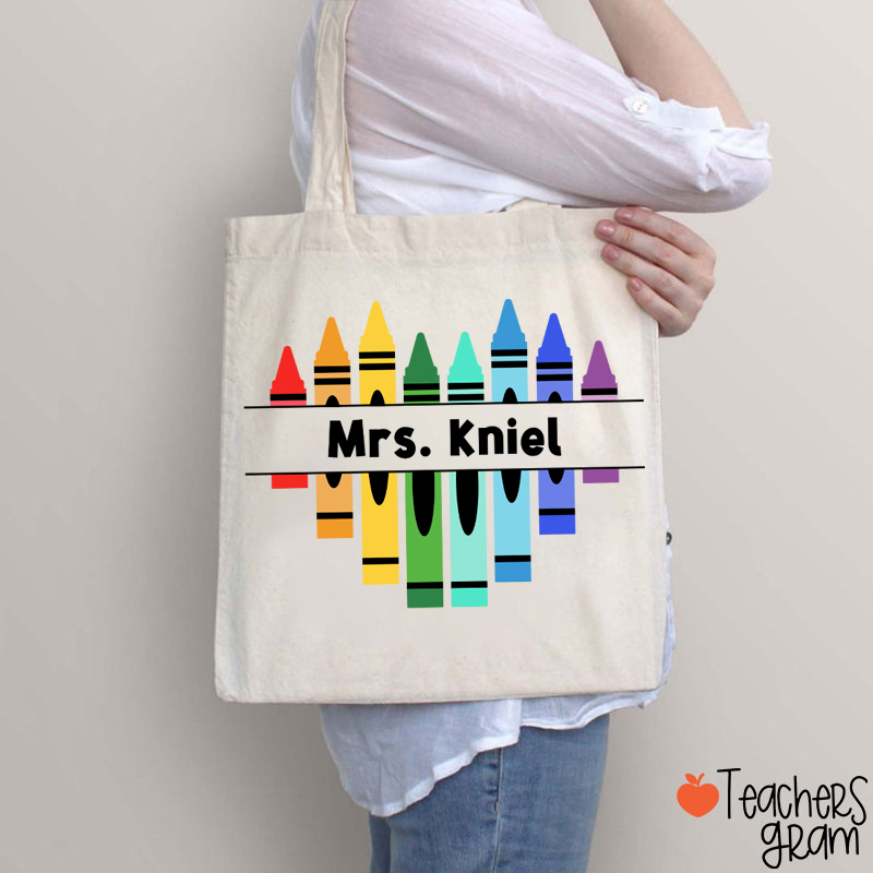 Personalized Name Colorful Crayons Teacher Tote Bag