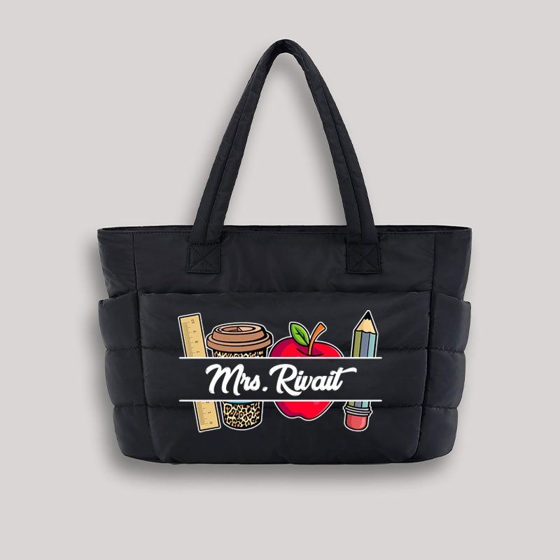 Personalized Pink Rainbow It Takes A Big Heart To Shape Little Minds Teacher Puffy Tote Bag