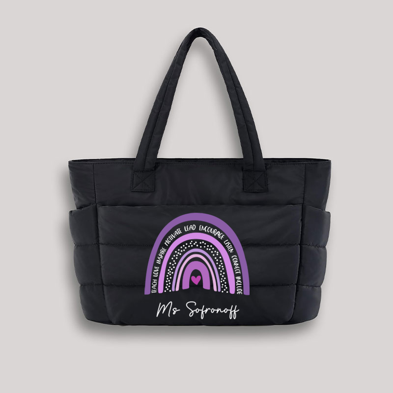 Personalized Purple Rainbow Teacher Puffy Tote Bag