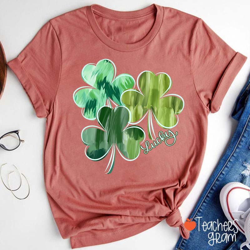 Watercolor Lucky Shamrock Teacher T-Shirt