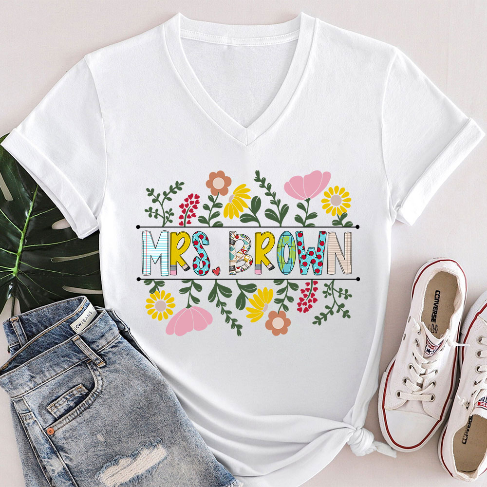 Personalized A Cluster Of Blooming Flowers Teacher Female V-Neck T-Shirt