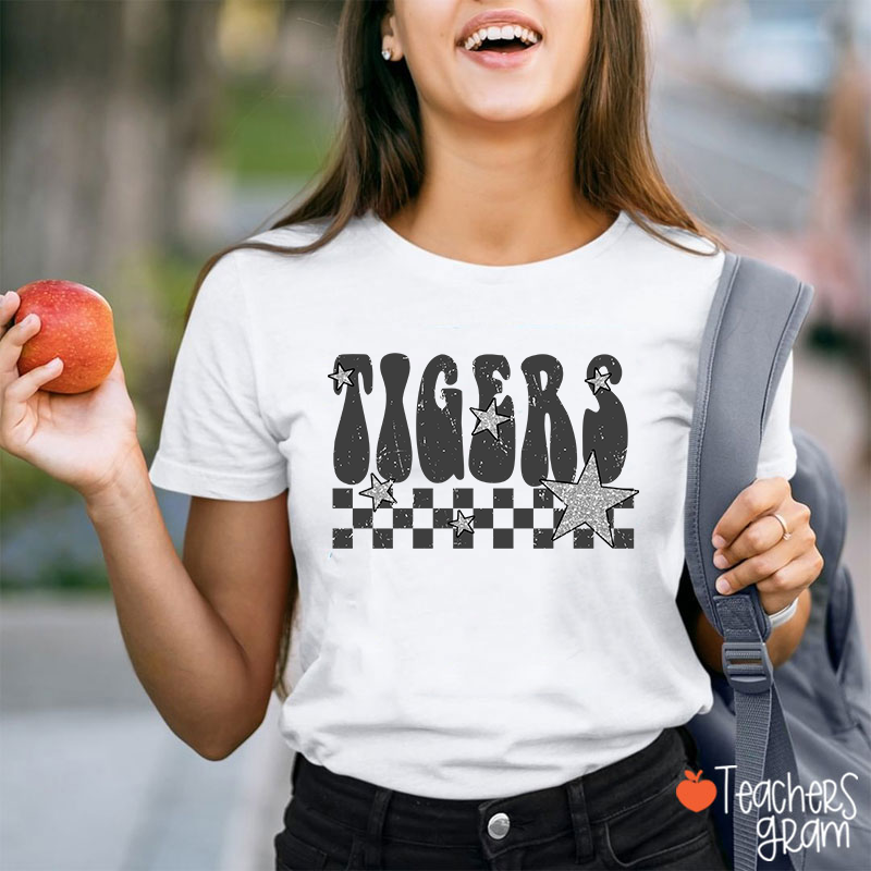 Personalized Mascot Checkered Star School Spirit Teacher T-Shirt