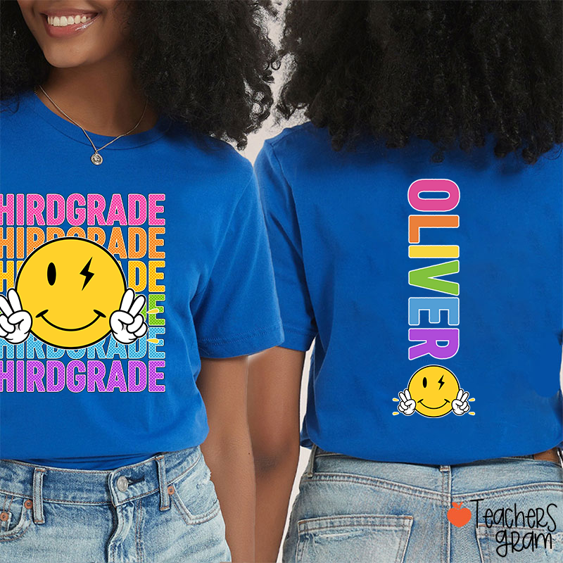 Personalized Grade And Name Smiley Face Teacher Two Sided T-Shirt