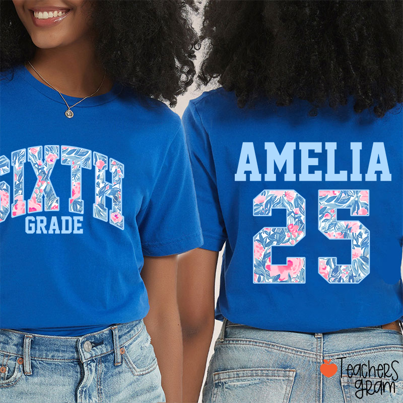 Personalized Flower And Leaf Pattern Text And Numbers Teacher Two Sided T-Shirt