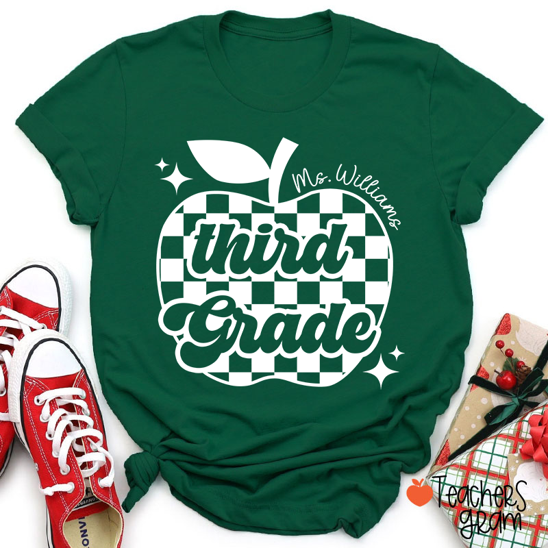 Personalized Black And White Checkerboard Apple And Name Teacher T-Shirt