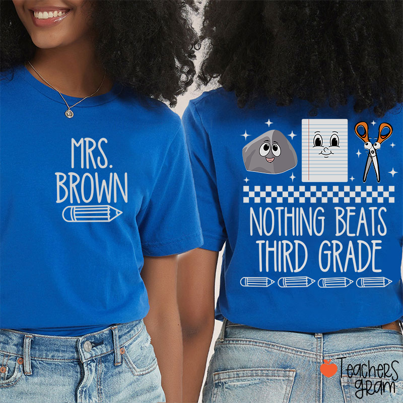 Personalized Grade Name Pencil Rock Checkerboard Notebook Scissors Teacher Two Sided T-Shirt