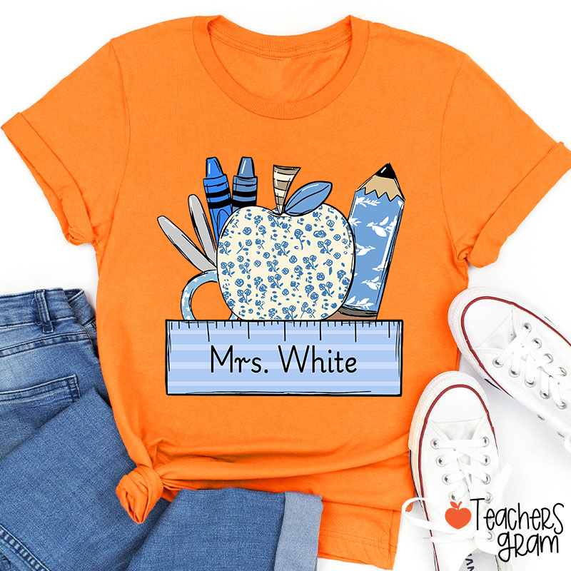 Personalized Name Blue Apple Pencil Crayon Scissors Ruler Teacher T-Shirt