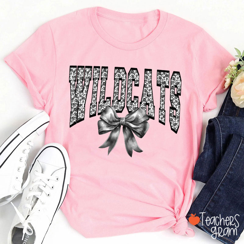 Personalized Mascot Toile Floral Coquette Bow Teacher T-Shirt