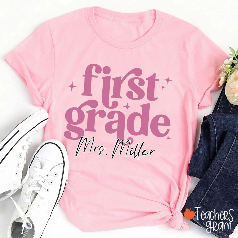 Personalized Grade Name Monochrome Stars Teacher T-Shirt