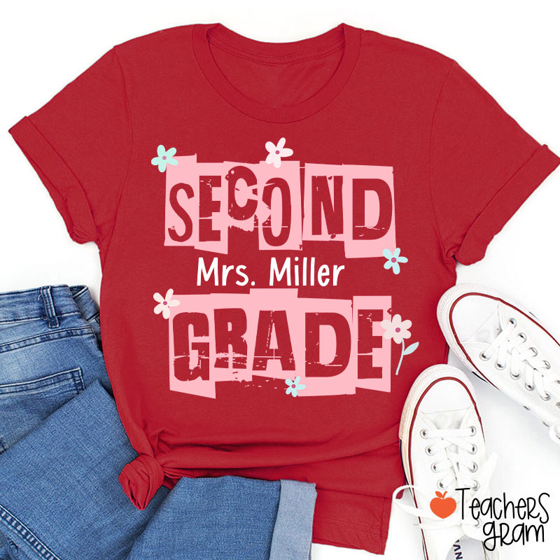 Personalized Grade Name Hollow Monochrome Flowers Teacher T-Shirt