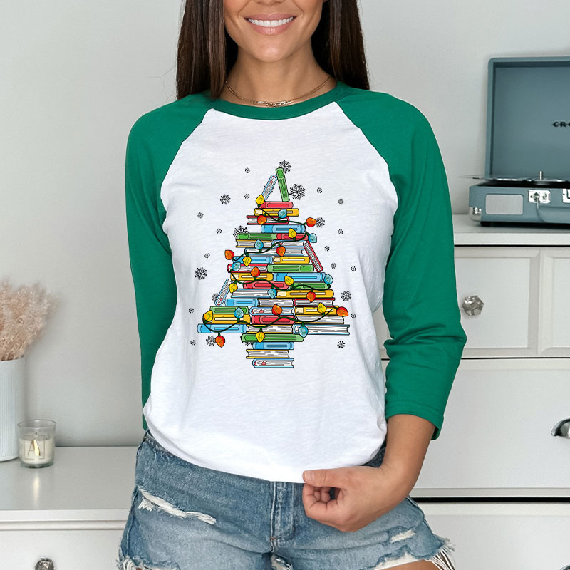 Christmas Books Tree Teacher Raglan Long Sleeve T-Shirt