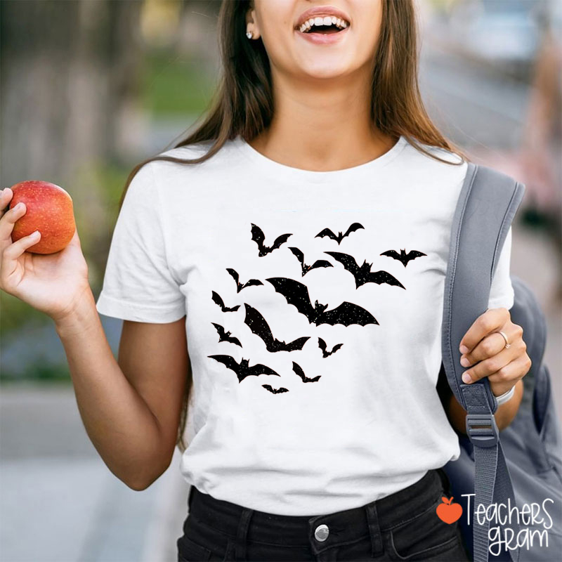 Glitter Black Bats Halloween Teacher T-Shirt