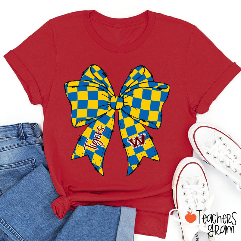 Personalized Mascot Checkered Bow Game Day Teacher T-Shirt