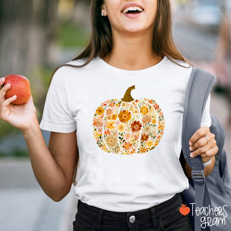 Pumpkin Orange Flowers Grass Teacher T-Shirt
