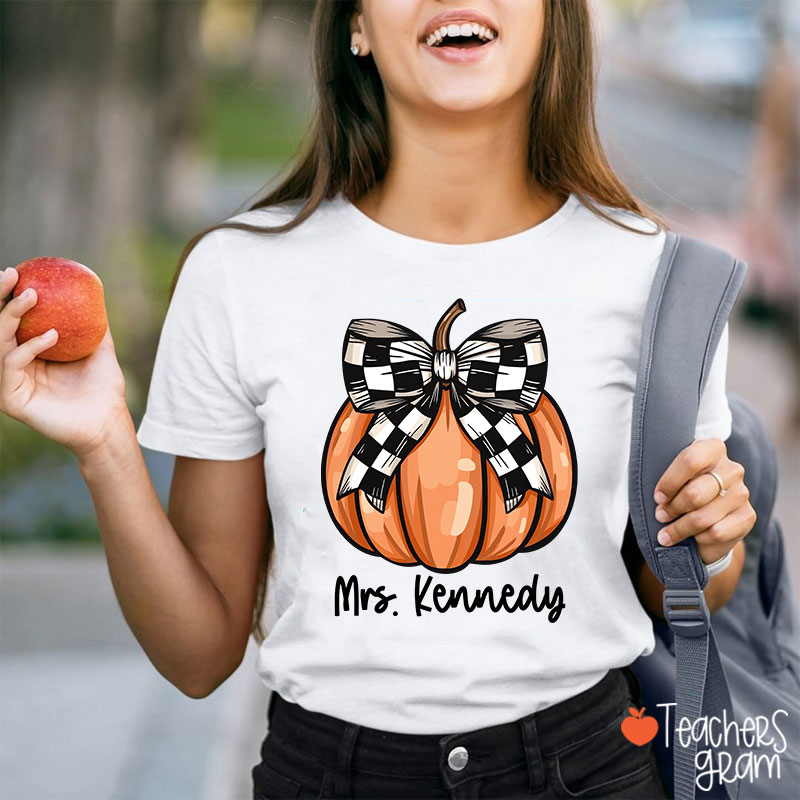 Personalized Name Pumpkin Bow Teacher T-Shirt
