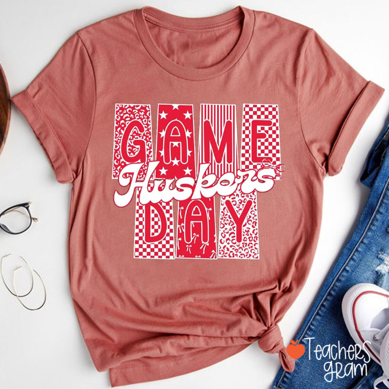 Personalized Leopard Checkerboard Star Bow Mixed Pattern Game Day Teacher T-Shirt