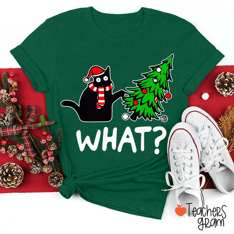 Cat Pushes Christmas Tree Teacher T-Shirt
