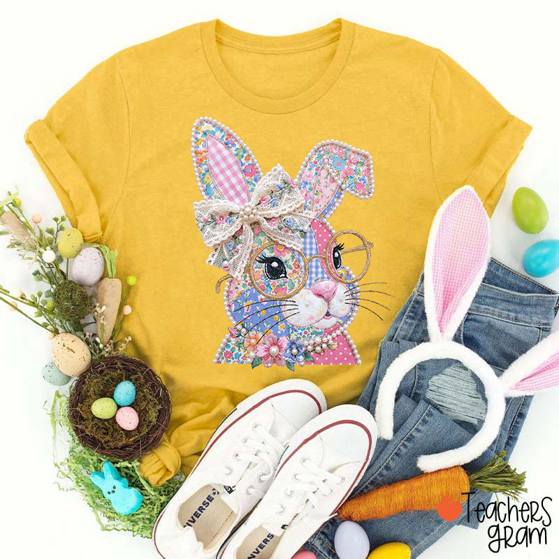 Faux Patchwork Bunny Teacher T-Shirt