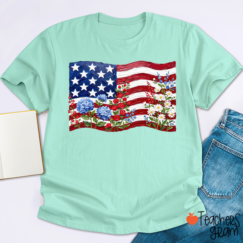 Floral American Flag Teacher T-Shirt