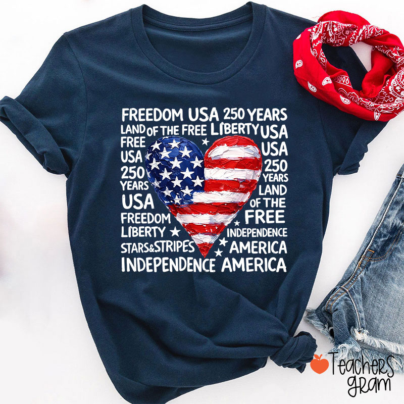 Heart Shaped American Flag Teacher T-Shirt