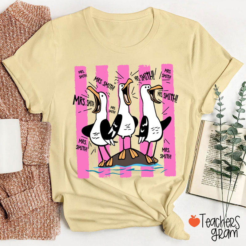 Personalized Pink Stripes Seagull Meme Teacher T-Shirt
